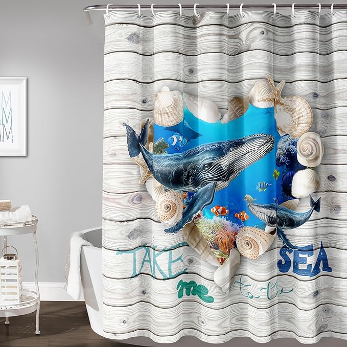 AILONEN 3D Printed Whale Shower Curtain, Ocean Sea Animal Wooden Style Bathroom Curtain,Shell Coast Whale Bath Curtain,72" W*84" H Polyester Waterproof Bathroom Curtain with 12 Hooks