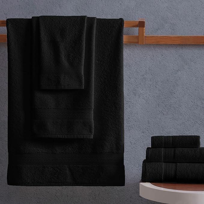 REGAL RUBY, 6 Piece Towel Set, 2 Bath Towels 2 Hand Towels 2 Washcloths, Soft and Absorbent, 100% Turkish Cotton Towels for Bathroom Shower Towel, Bath Linen Set Black