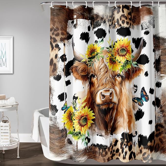 AILONEN Yak Shower Curtains for Kids Boys Girls,Highland Cattle Sunflower Cow Fur Print Bath Curtains for Bathroom Decor,Polyester Waterproof with 12 Plastic Hooks 48" W*72" H