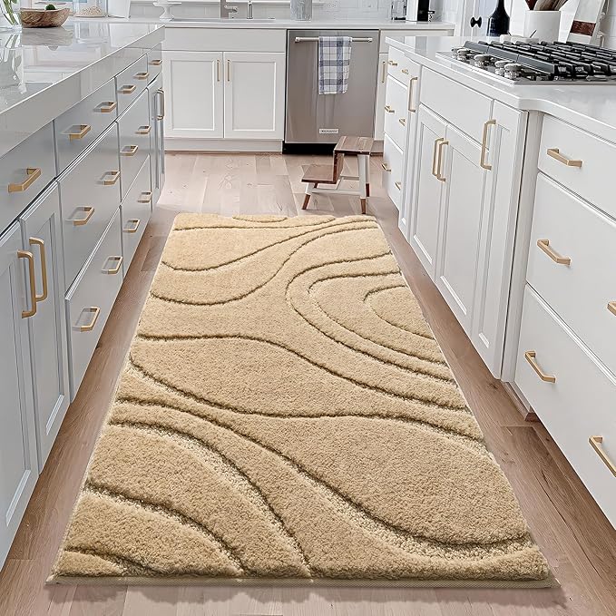DEXDE Bathroom Rugs Mat, Soft Plush Shaggy Microfiber Bath Rug, Non Slip Bath Mats for Bathroom Runner Floor, Machine Washable Absorbent Carpet for Shower Tub, Beige 24"x47"