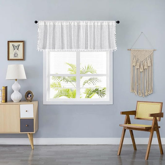 Boho Sheer Lace Valance Tier Curtain Crochet Vintage with Handmade Macrame Tassel Knitted Window Treatment Drape for Bedroom Living Room Kitchen (1 Panel Crochet White, 59"x 36")