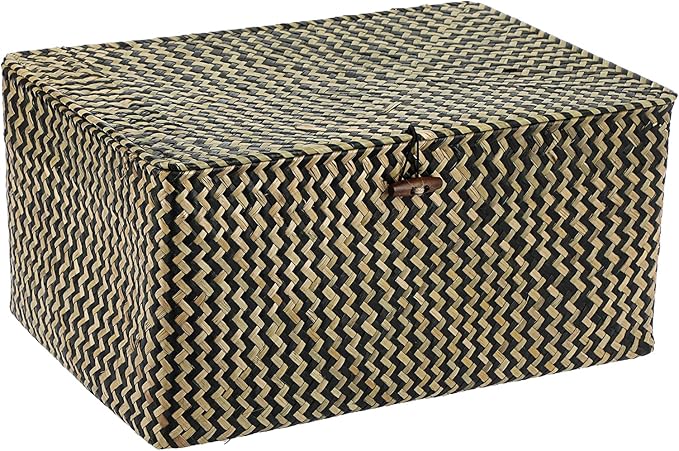 Hipiwe Wicker Shelf Baskets Bin with Lid, Handwoven Seagrass Basket Storage Bins Rectangular Household Basket Boxes for Shelf Wardrobe Home Organizer, Black,X-Large