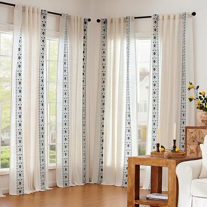 jinchan Boho Curtains for Living Room Black Vintage Floral Farmhouse Curtains 84 Inches Long Linen Blend Drapes for Bedroom Embroidered Light Filtering Drapes Rod Pocket Black on Beige 2 Panels