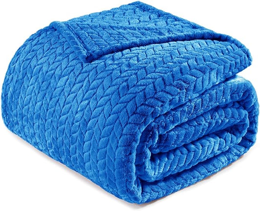 Exclusivo Mezcla Cobalt Blue Fleece Queen Size Blanket for Bed, 90x90 Inches Soft Cozy Jacquard Flannel Blankets, Lightweight Fuzzy Plush Warm for All Seasons