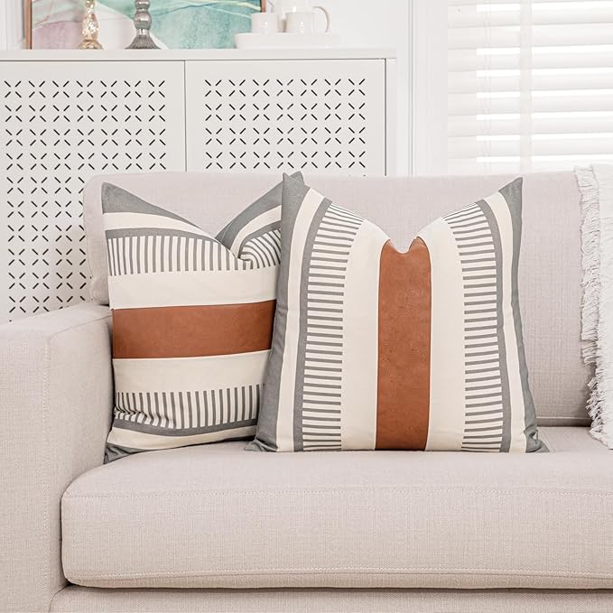 Farmhouse Stripe Pillow Cover 18x18 Boho Accent Cushion Case Faux Leather Decorative Pillowcase,Grey and Beige (Cover ONLY, Pack of 2)