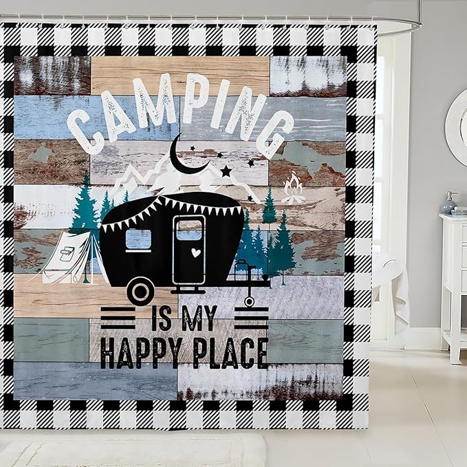 Feelyou Happy Camping Shower Curtain Camper Fabric Shower Curtain for Kids Boys Girls Rustic Farmhouse Style Bathroom Waterproof Accessories with 12 Hooks Vintage Barn Door Curtains,72X78 Inches
