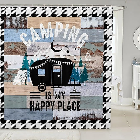 Feelyou Happy Camping Shower Curtain Camper Fabric Shower Curtain for Kids Boys Girls Rustic Farmhouse Style Bathroom Waterproof Accessories with 12 Hooks Vintage Barn Door Curtains,72X72 Inches