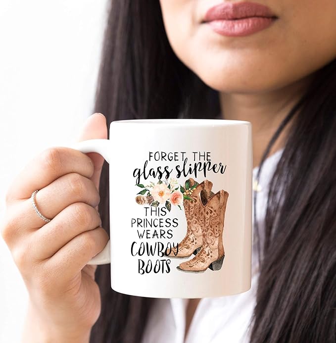YouNique Designs Forget The Slippers This Princess Wears Cowboy Boots Mug, 11 Ounces, Country Girl Cup for Women, Cowgirl Coffee Mug (White)