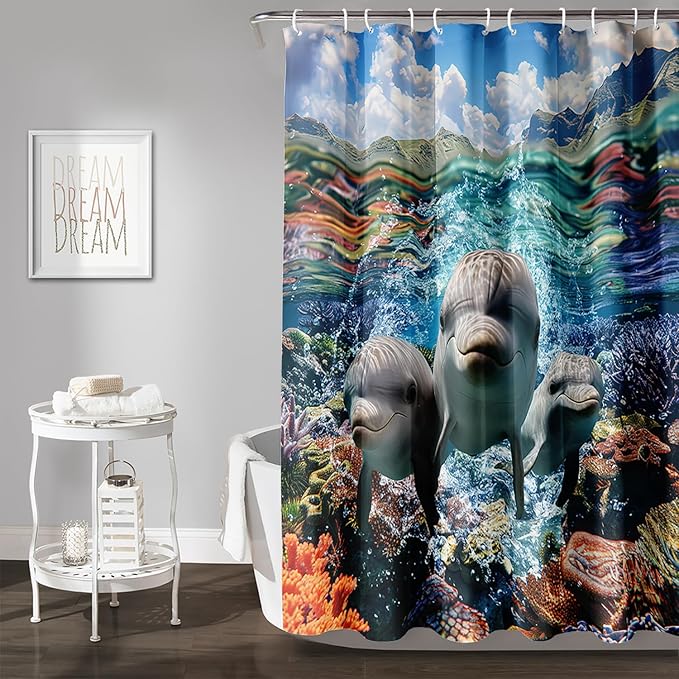 AILONEN Cute Dolphin Shower Curtain,Ocean Dolphin Bath Curtain,Tropic Sea Coral Beach Curtain,Boys Girls Kids Curtain for Bathroom Decor Waterproof, 36" W x 72" H