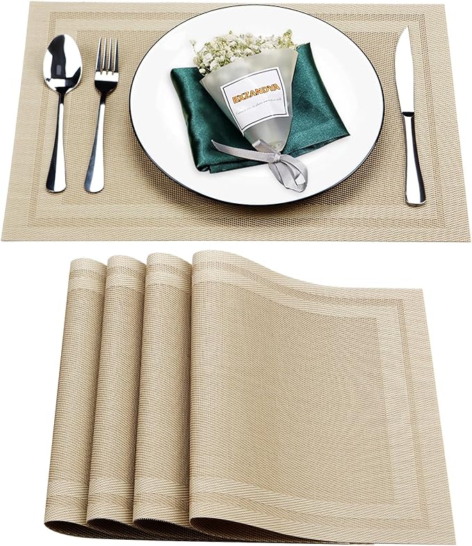 Placemats Set of 4,Washable,Heat and Stain Resistant Indoor/Outdoor Place mats, Vinyl Woven Non Slip Table Mats for Restaurant Table Protection, PVC Table Placemats.(Beige, 4PCS)