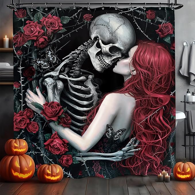 Skull Rose Gothic Halloween Shower Curtain 60Wx72L Inch Skeleton Scary Horror Black Red Horror Spooky Flower Floral Holiday Bathroom Set Accessories Decor with 12 Pack Hooks