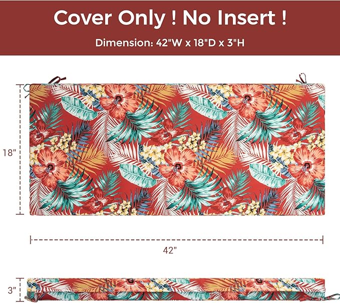 Patio Bench Cushion Covers for Outdoor Furniture with Ties, Water Resistant Loveseat/Settee Cushion Slipcover 42x18x3 Inch for Swing Porch Garden (Replacement Cover Only)-Chili Red Floral