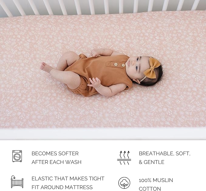 Wildflower Muslin Crib Sheet by Mebie Baby, Soft and Breathable Bed Sheets for Babies, Modern Neutral Bedding for Cribs, Standard Crib Mattress Fitted Sheet, Great for Boy or Girl Room or Nursery