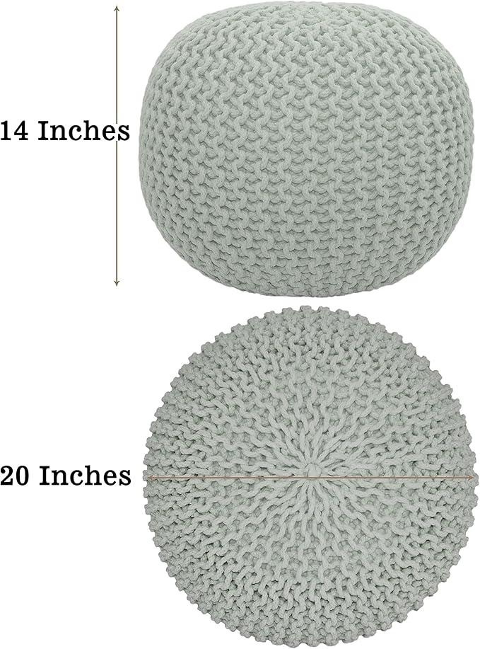 COTTON CRAFT Round Pouf Ottoman - Knitted Cotton Braid Cord Cable Dori Floor Pouf Foot Stool Accent Furniture Chair Seat Bean Bag - Living Room Bedroom Kids Room Nursery Dorm - 20 x 14- Ash Grey