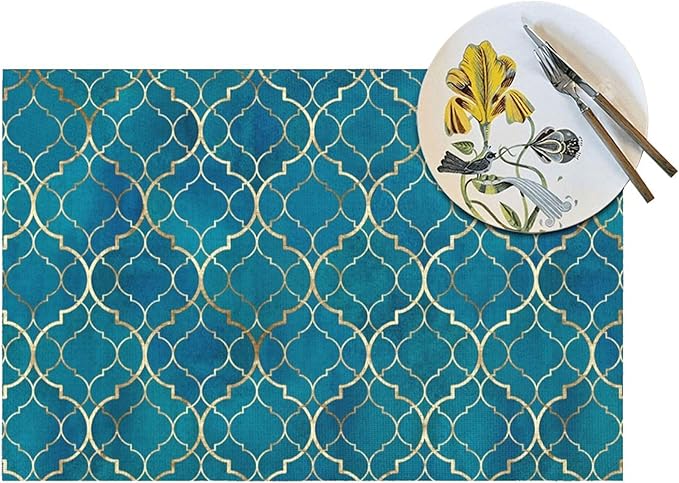 Blue Teal and Gold Modern Placemats Set of 4, Retro Table Mats Washable Heat Resistant Non-Slip for Kitchen Dinner Holiday Party Farmhouse Home Decor, Linen 12"x18"