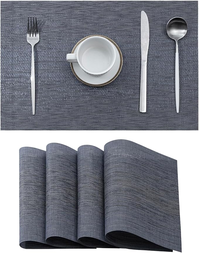 Leetaltree Denim Blue Placemats Set of 4 - Heat Resistant Non-Slip Place mats for Dining Table, Washable Durable PVC Vinyl Woven Table Mats（Denim Blue, 4）