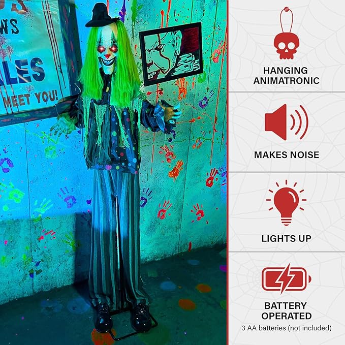 Haunted Hill Farm Lifesize Animatronic Scary Talking Clown with Touch Activated Lights and Sound, Battery-Operated Indoor or Covered Outdoor Halloween Decoration