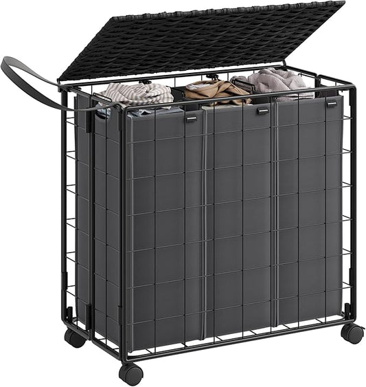 SONGMICS Laundry Hamper, 130L Laundry Basket with Lid, Clothes Hamper with Wheels, Collapsible Removable Liner Bag, Iron-Made Laundry Sorter, Ink Black and Slate Gray ULCB313B11