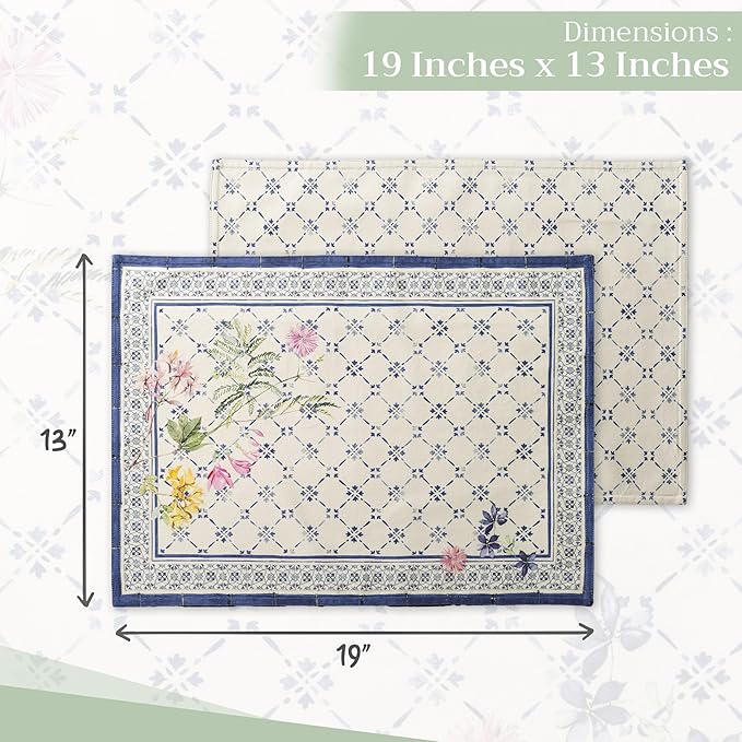 Maison d' Hermine Placemats Set of 4 100% Cotton Washable Cloth Place Mats, Reusable Table Mats for Kitchen Dining Decoration, Party, Wedding, Restaurant Spring/Summer (Faience, 13" x 19")