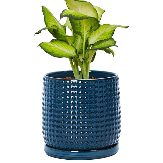 D'vine Dev 6 Inch Ceramic Beaded Stoneware Planter Pot - Flower Pot with Drainage Holes and Saucers for Indoor Succulent Plants or Flowers, Midnight Blue, 27-C-X-3