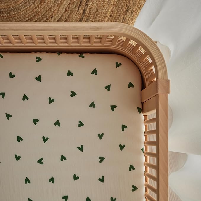 Denmark - Super Soft Muslin Mini Crib Sheets - 24'' x 38'' - 100% Organic Baby Crib Sheets for Boys and Girls (Green Hearts)