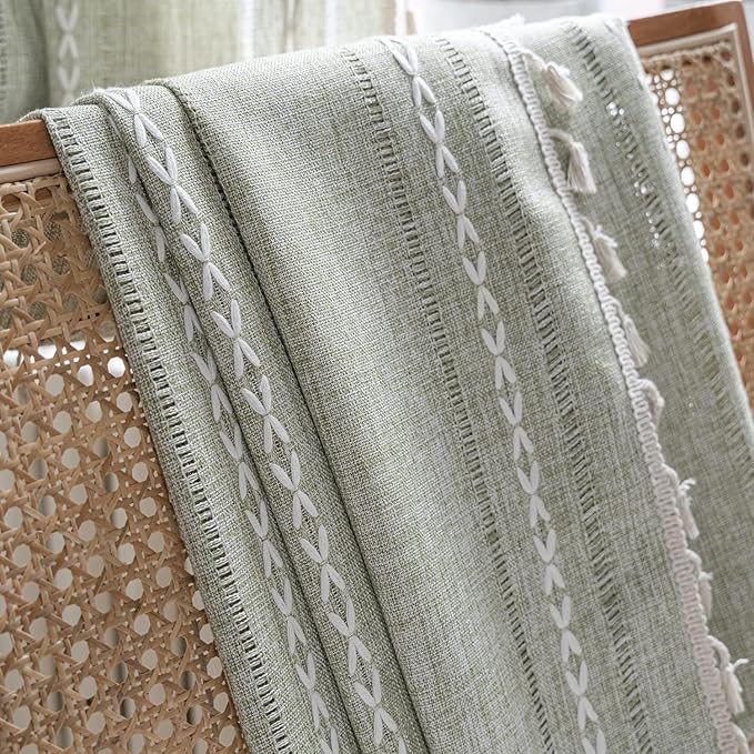 ColorBird Sage Green Boho Curtains for Bedroom 96 inch Length, 2 Panels Farmhouse Linen Curtains Living Room Darkening Drapes, Embroidered Country Window Curtain for Dining Nursery Closet