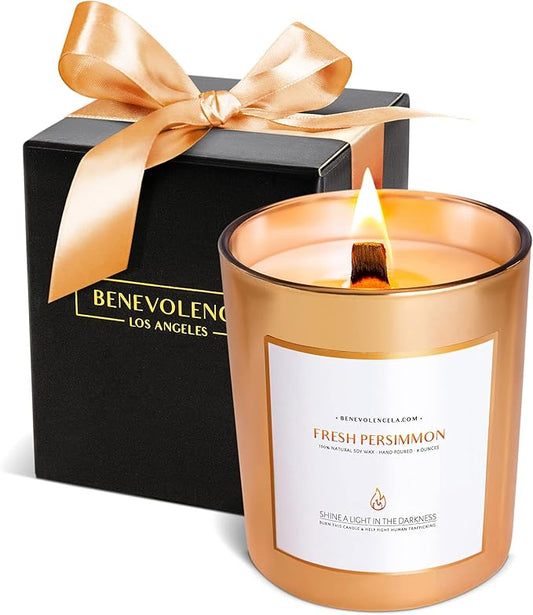 Benevolence LA Fresh Persimmon Wood Wick Candles | Soy Scented Candles for Home | Gifts for Women and Men | Home Fragrance | Aromatherapy | Shelf Decor, Bathroom Freshener | 8oz, 45 Hour Burn