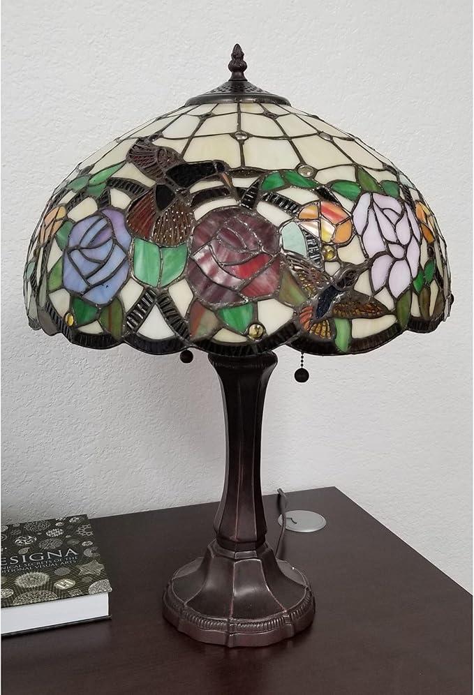 Amora Tiffany Style Table Nightstand Banker Lamp 22" Tall Stained Glass Red Green Yellow Floral Hummingbird Antique Vintage Light Decor Living Room Bedroom Desk Handmade Gift Lighting, Multicolor