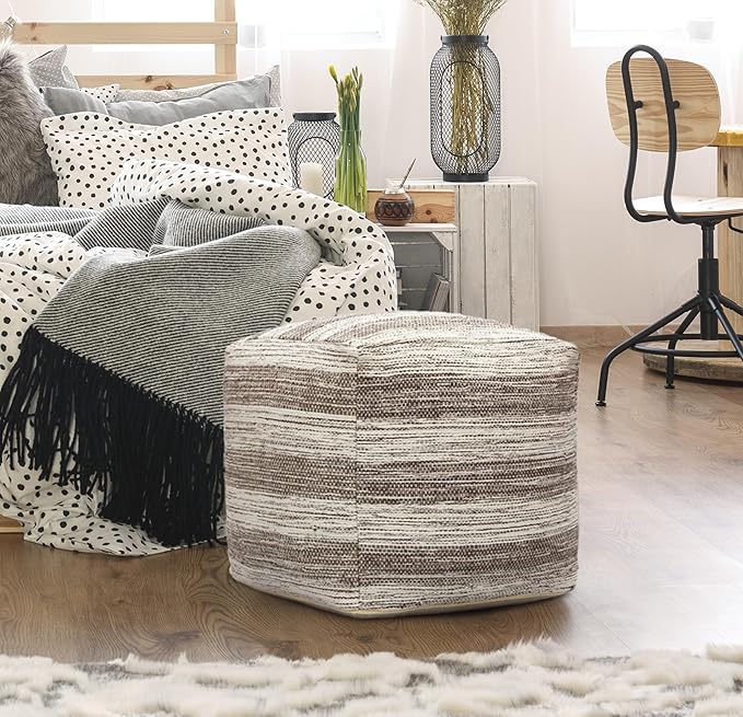 COTTON CRAFT Handwoven Stripe Dhurrie Pouf - Ottoman Foot Stool Bean Bag - Dorm Bedroom Home Décor - Accent Seating - Boho Modern Comfortable Prefilled Cotton Pouf Footrest - 16 inch Square - Grey
