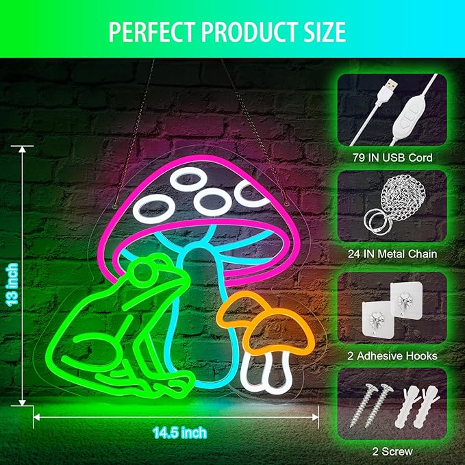 Mushroom Frog Neon Sign Colorful Mushroom Neon Light Frog Neon Sign, USB Powered Dimmable LED Cute Neon Signs for Wall Décor Kids Room, Perfect Gifts for Birthday, Christmas(14.5*13inches) ﻿