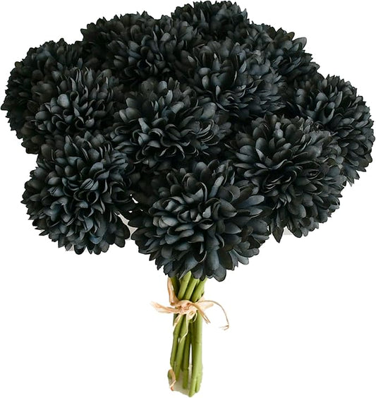 Mandy's Black Artificial Ball Chrysanthemum 12 Stems Faux Flowers with Bendable Stems for DIY Wedding Centerpiece Fall Decor Home Arrangements
