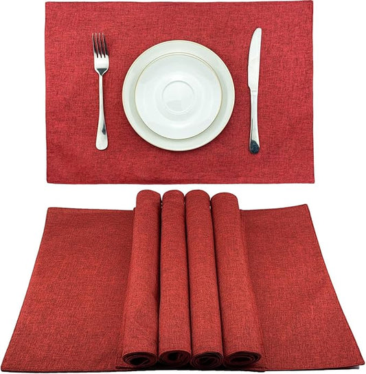 Weabetfu Cloth Placemats Set of 4 Heat Resistant Dining Table Placemmats Cotton Linen Machine Washable Kitchen Table Mats Wrinkle Free Thick Fabric Place Mat,Easy to Clean,13"x19" Burgundy