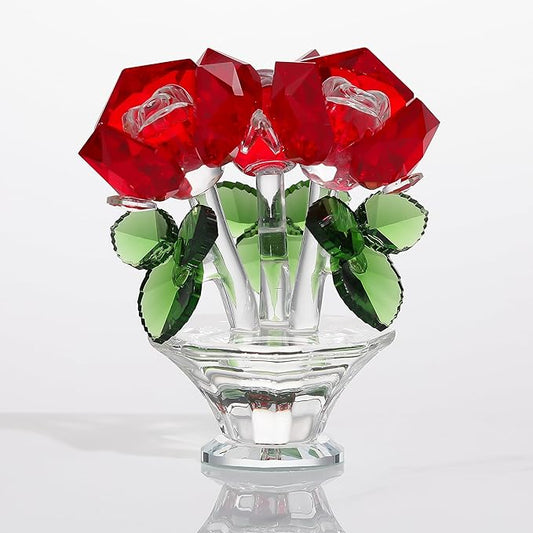 Red Rose Flower Crystal Figurine with Vase, Handmade Bouquet Flowers Gifts for Wife Girlfriend Women Ornament , Crystal Flower Collectible Home Table Decor for Valentine's Day Wedding Anniversary