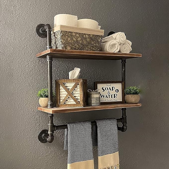 Industrial Pipe Shelving,Iron Pipe Shelves Bathroom Shelves with Towel bar,24in Rustic Metal Pipe Floating Pipe Wall Shelf,2 Tier Industrial Wall Mounted,Retro Brown
