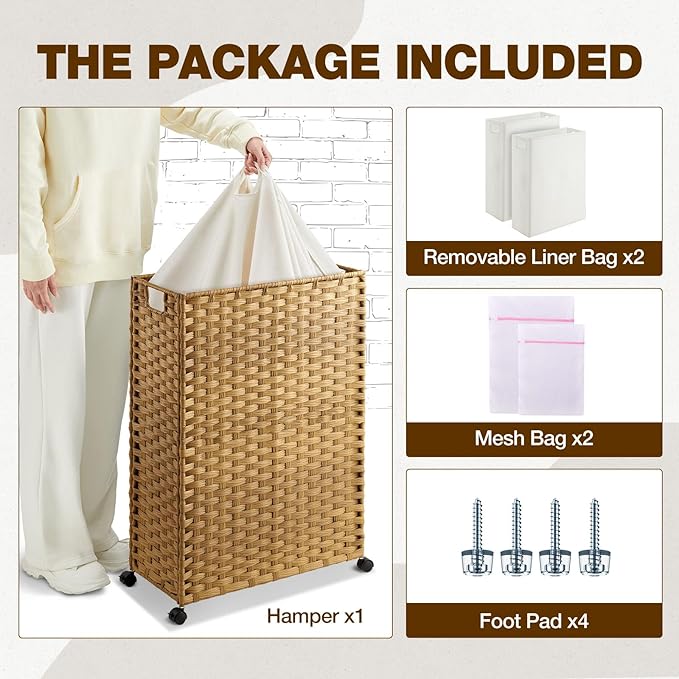 Greenstell Laundry Hamper with Wheels & Handles, 26.4 Gallon (100L) Slim Laundry Basket with 2 Removable Liner Bags & 2 Mesh Bags, Foldable Narrow Clothes Hamper for Bedroom, Bathroom, Closet, Natural