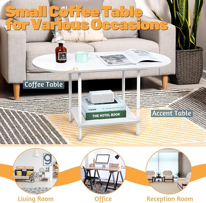 White Coffee Tables for Living Room,2-Tier Small Coffee Table Industrial Modern Oval Center Table with Storage Shelf and Wood Tabletop,for Small Space,Home Office