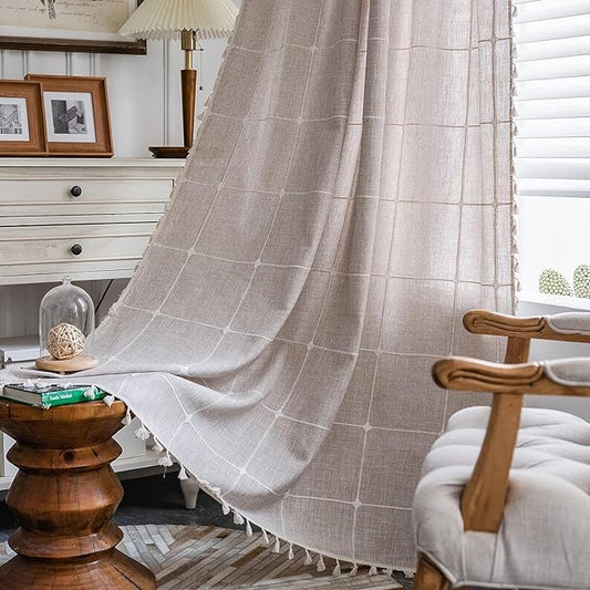 ColorBird Farmhouse Light Filtering Window Curtains 2 Panels, 96 inch Embroidery Lattice Linen Curtains for Living Room, Rod Pocket Window Drapes for Bedroom Dining
