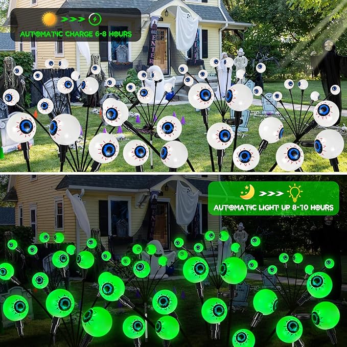 4Pack 24LED Green Solar Halloween Eyeball Lights Outdoor, Solar Garden Lights Outdoor Waterproof, Firefly Light Swaying by Wind with 2 Modes for Pathway Patio Yard Garden Halloween Decorations