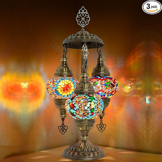 mozaist Tiffany Style Turkish Stained Glass Table Lamp, 3 Globe Mosaic Moroccan Desk Light, Bohemian Vintage Bedroom Nightstand, Antique Handmade Rustic Decor Colorful Lighting (Cappadocia Balloon)