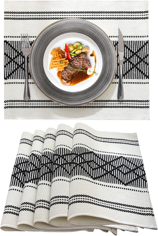 LUFEIJIASHI Elegant Thick placemats for Dining Table Decor Farmhouse Heat Resistant Table Place mats Set of 6 Quality Woven Cloth Placemats Washable Dinner mats (Black, 6)