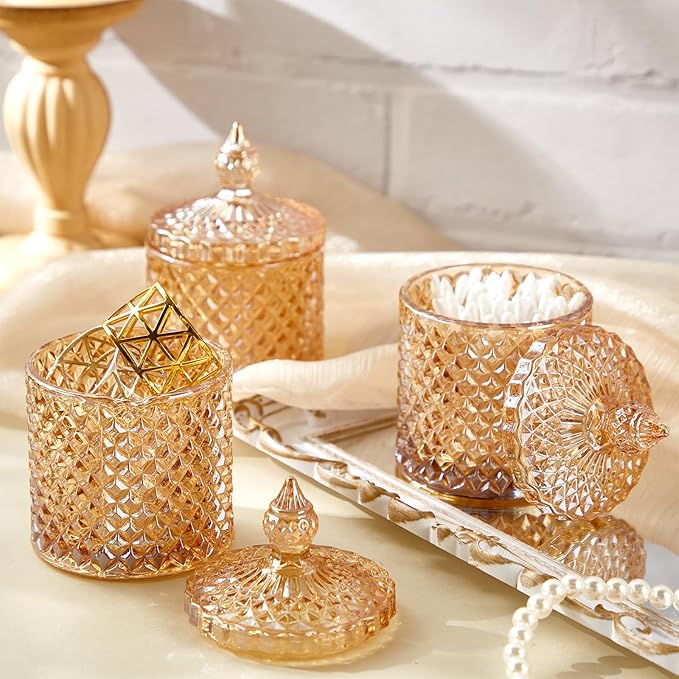 Aoriher 4 Pcs Crystal Glass Candy Jar Set with Lids Home Decorative Storage Jars for Apothecary, Bathroom, Kitchen, and Pantry, Ideal for Cotton Swabs and Jewelry(Medium,Amber)
