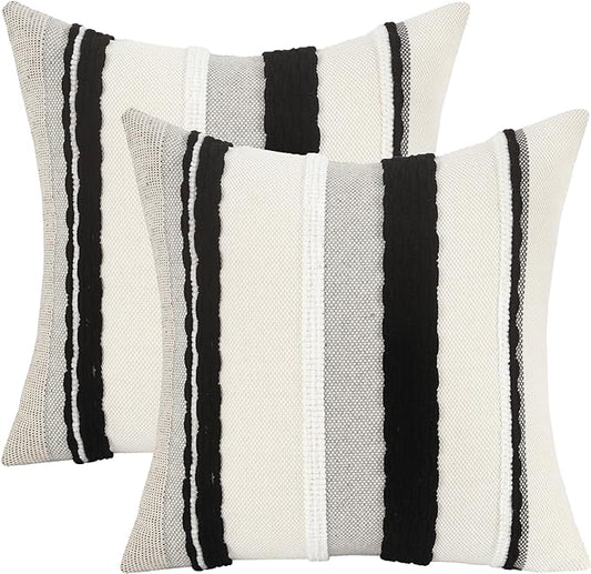 Tosleo Boho Throw Pillow Covers 18x18 Set of 2 Striped Decorative Pillow Cases Accent Chenille Pillowcases Farmhouse Cushion Case Bohemian Nuetral Textured Pillow Cover,Black and White