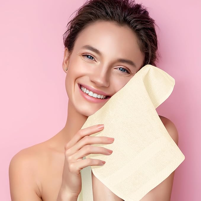 GLAMBURG Ultra Soft 12-Piece Washcloths Set 13x13-100% Ringspun Cotton - Durable & Highly Absorbent Face Towels - Ideal for use in Bathroom, Kitchen, Gym, Spa & General Cleaning - Ivory