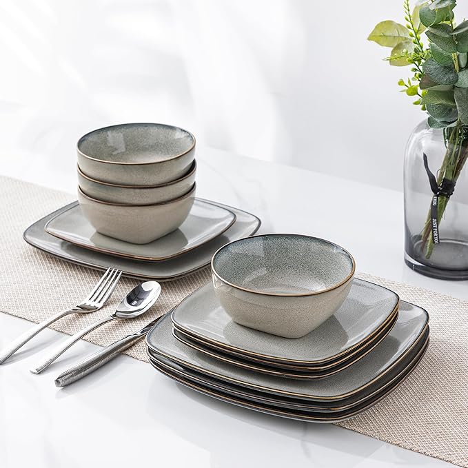 AmorArc Ceramic Dinnerware Sets for 4, 12 Pieces Square Handpainted Plates and Bowls Set, Chip and Scratch Resistant Stoneware Dishes Set, Dishwasher & Microwave Safe, Reactive Glaze