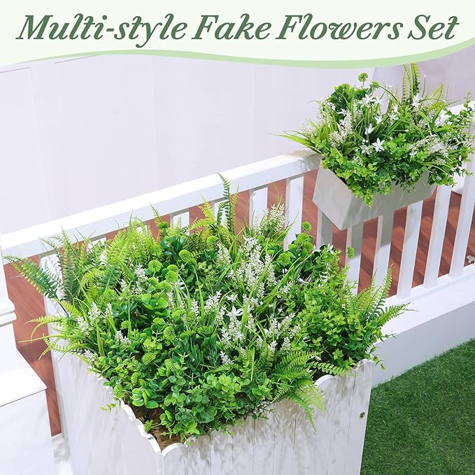 24 Bundles Artificial Plants Flowers for Outdoors Summer Decor, UV Resistant Fake Plants Plastic Faux Boston Fern Lavender Flowers Boxwood Greenery Shrubs for Gardens Porch Yard Home Spring Decor