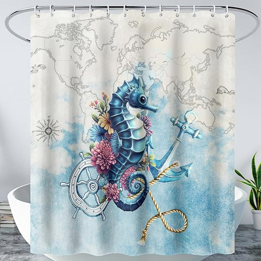 AILONEN Seahorse Shower Curtain for Bathroom,Nautical Coast Retro Map Ocean Bath Curtain 48" W*72" H,Blue Sea Animal Print Decorative Waterproof Curtain with 12 Plastic Hooks