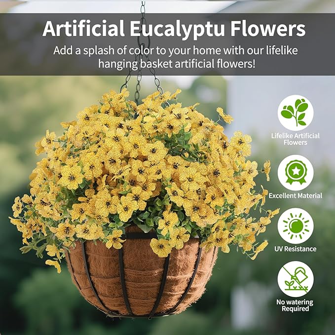 Artificial Flowers Outdoor, Faux Silk Flowers Plastic Plants for Outdoors Indoor Outside Front Porch Hanging Planter Window Box Garden Home Decoration, 14 Bundles(Yellow)