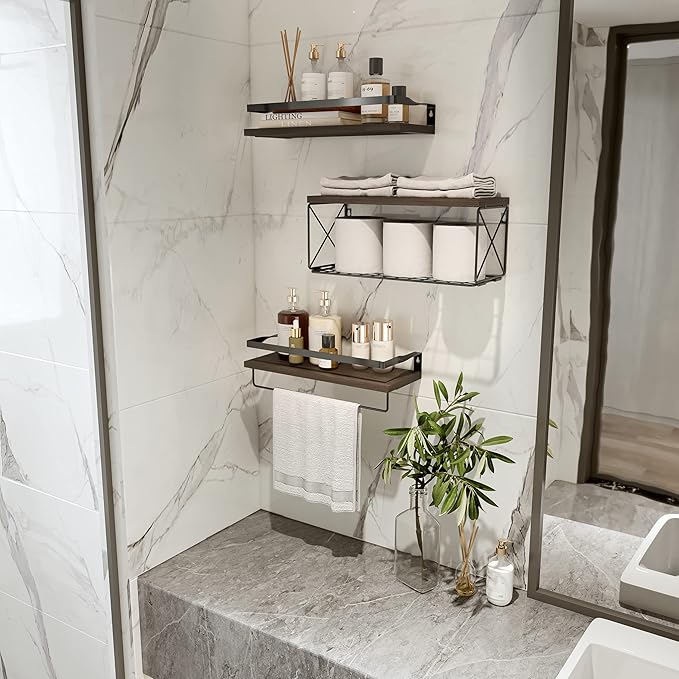 Floating Shelves Wall Mounted, Rustic Wood Bathroom Shelves Over Toilet with Paper Storage Basket, Wall Shelves for Wall Decor, Bedroom, Living Room, Kitchen and Washroom