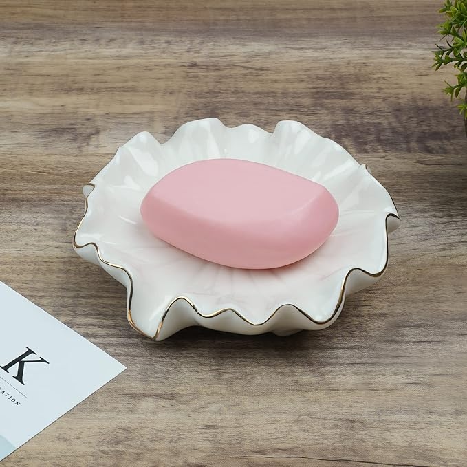 Ceramic Self Draining Soap Dish White Lotus Leaf Soap Holder Waterfall Soap Dish Soap Savers for Bar Soap, for Bathroom, for Shower, for Bar Counter