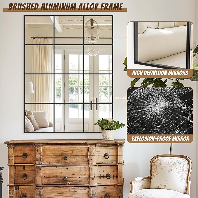 Antok Decorative Mirrors for Wall Decor, 30" x 40" Decorative Wall Mirror Black Window Mirrors Wall Mounted Decorative Mirror for Living Room Dining Room Hallway Entryway，Black,Retro Rect Style